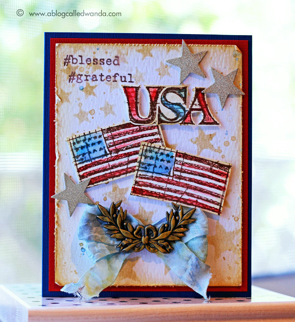 Patriotic card using Tim Holtz Blueprint stamps by Wanda Guess