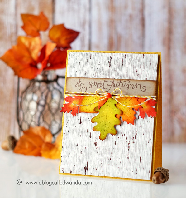 Autumn Card using Lawn Fawn Stitched Leaves and Distress Inks. Card by Wanda Guess