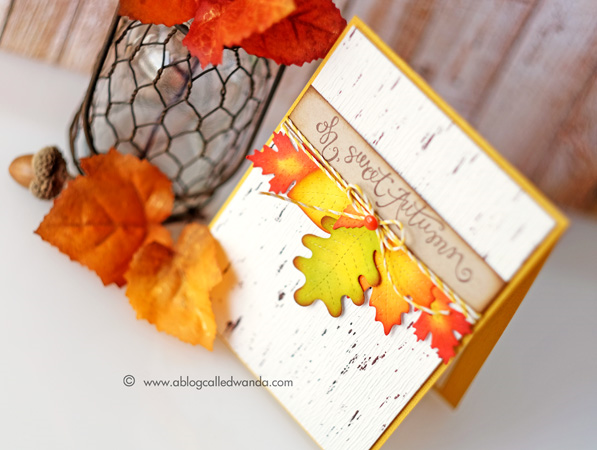 Autumn Card using Lawn Fawn Stitched Leaves and Distress Inks. Card by Wanda Guess