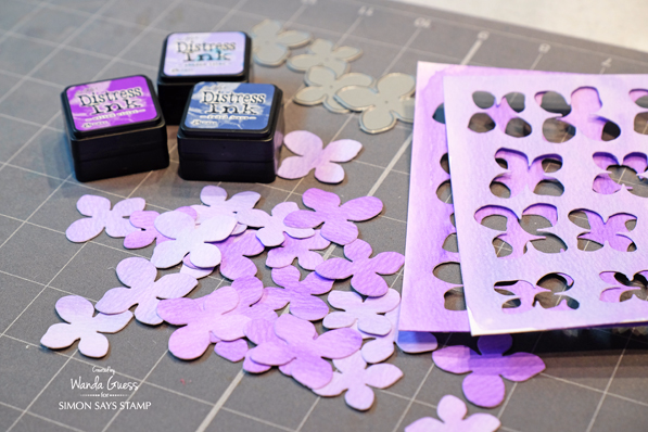 Simon Says Stamp Hydrangea Die. Project by Wanda Guess. Distress Inks on watercolor paper. 