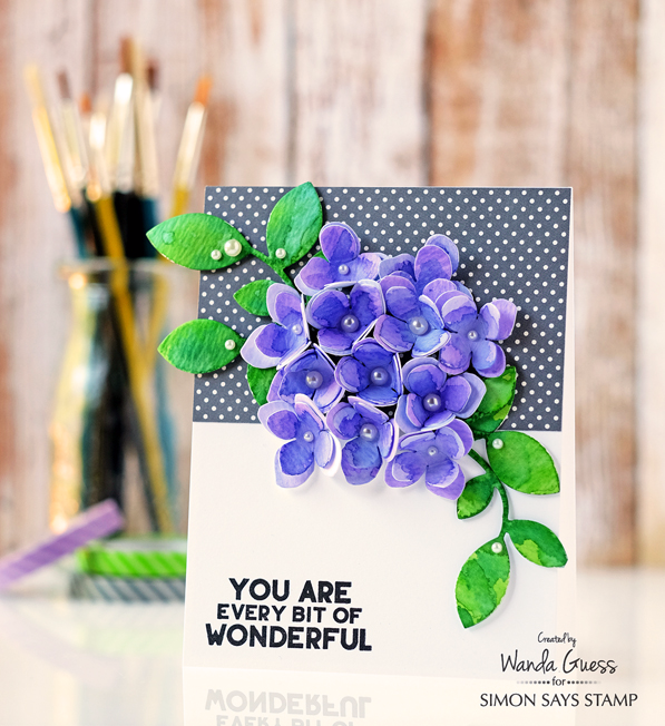 Simon Says Stamp Among The Stars release. Hydrangea Petals Die. Card by Wanda Guess using Distress Inks and watercolor paper. 