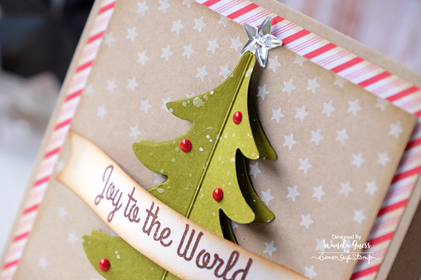 SIMON SAYS STAMP FOLD OVER TREE DIE. CHRISTMAS CARD BY WANDA GUESS. JOY TO THE WORLD. FALLING STARS BACKGROUND STAMP