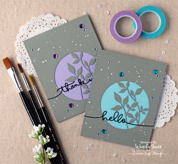 SIMON SAYS STAMP CIRCLE LEAVES DIE. DIECEMBER 2016. CARD BY WANDA GUESS. HANDLETTERED GREETINGS DIES. SEQUINS AND VELLUM
