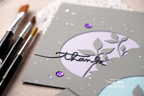SIMON SAYS STAMP CIRCLE LEAVES DIE. DIECEMBER 2016. CARD BY WANDA GUESS. HANDLETTERED GREETINGS DIES. SEQUINS AND VELLUM