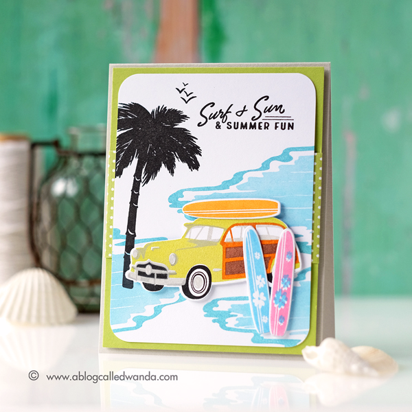 Papertrey Ink On The Wagon stamp set. July 2017 new release. Retro Summer card. Surfing wagon. Card by Wanda Guess. PTI Design Team