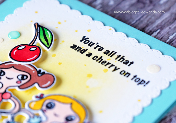 1 WAFFLE FLOWER HELEN DARDIK FRUITY THANK YOU STAMP SET. CARD BY WANDA GUESS