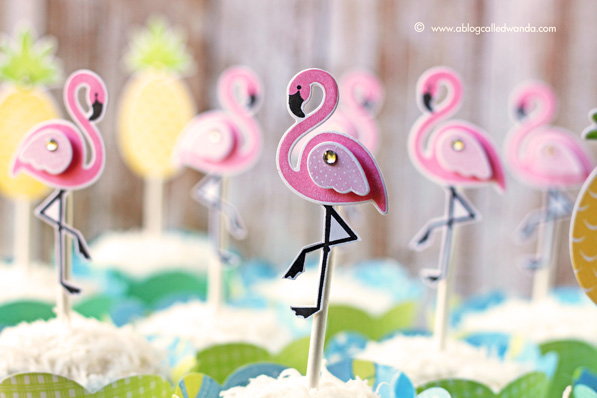 pina colada cupcakes. Stamped toppers with Reverse Confetti stamps. Flamingos and Pineapples. Made by Wanda Guess
