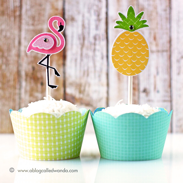 pina colada cupcakes. Stamped toppers with Reverse Confetti stamps. Flamingos and Pineapples. Made by Wanda Guess