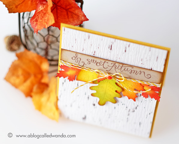 Autumn Card using Lawn Fawn Stitched Leaves and Distress Inks. Card by Wanda Guess