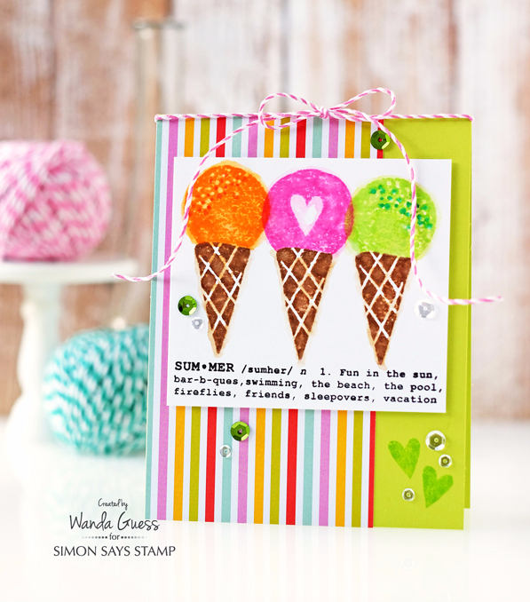 Wanda Guess for Simon Says Stamp. Cone Building stamp set and Pool Play stamp set. Distress Inks. Ice Cream Card