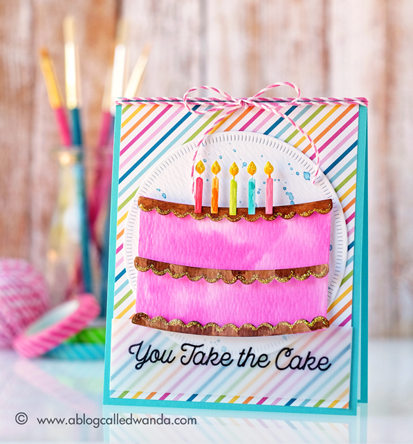 MFT Stamps Birthday Cake card. Twice the Wishes. Watercolor with Distress Inks. Card by Wanda Guess July 2016. My Favorite Things Stamps