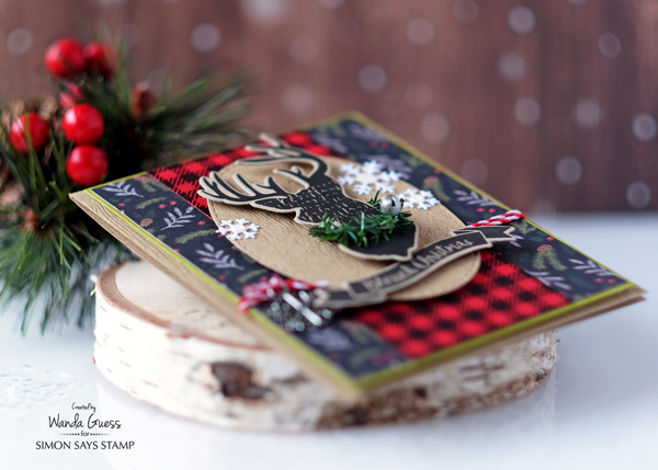 Simon Says Stamp Magical Christmas stamps and dies. Holiday Release 2016 Believe in the Season. Card by Wanda Guess. Deer head, antlers, plaid, buffalo check, retro, vintage Christmas
