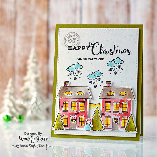 Simon Says Stamp Advent Release. Christmas Town Stamp Set. Card by Wanda Guess. Distress Ink watercolors