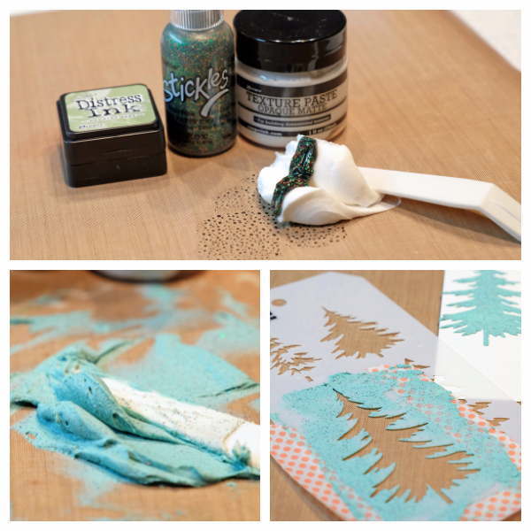 Simon Says Stamp Limited Edition Holiday 2016 Card Kit. Stenciled tress with Tim Holtz stencil and texture paste