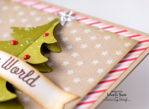 SIMON SAYS STAMP FOLD OVER TREE DIE. CHRISTMAS CARD BY WANDA GUESS. JOY TO THE WORLD. FALLING STARS BACKGROUND STAMP