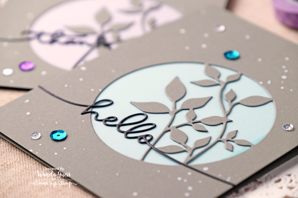 SIMON SAYS STAMP CIRCLE LEAVES DIE. DIECEMBER 2016. CARD BY WANDA GUESS. HANDLETTERED GREETINGS DIES. SEQUINS AND VELLUM