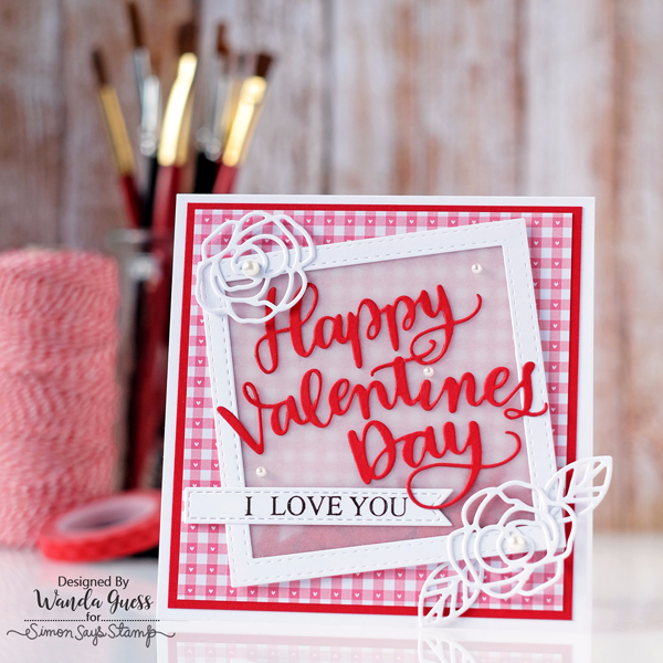 Valentine's Day Card. Handmade using stamps and dies from Simon Says Stamp. Hey Love collection. Red and white gingham. Vellum shaker pocket. Card by Wanda Guess