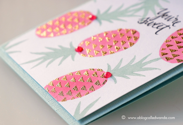 Concord & 9th Pop Art Pineapples. Nuvo Gilding Flakes. Clean and Simple one layer card by Wanda Guess