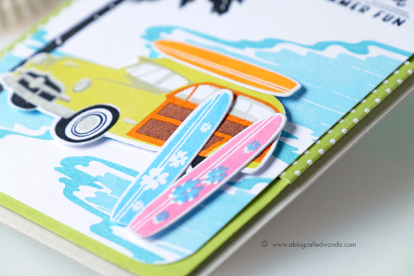 Papertrey Ink On The Wagon stamp set. July 2017 new release. Retro Summer card. Surfing wagon. Card by Wanda Guess. PTI Design Team