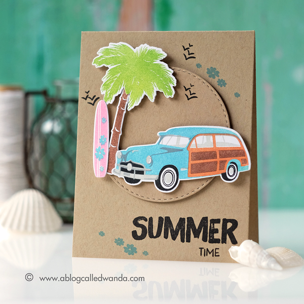 Papertrey Ink On The Wagon stamp set. July 2017 new release. Retro Summer card. Surfing wagon. Card by Wanda Guess. PTI Design Team