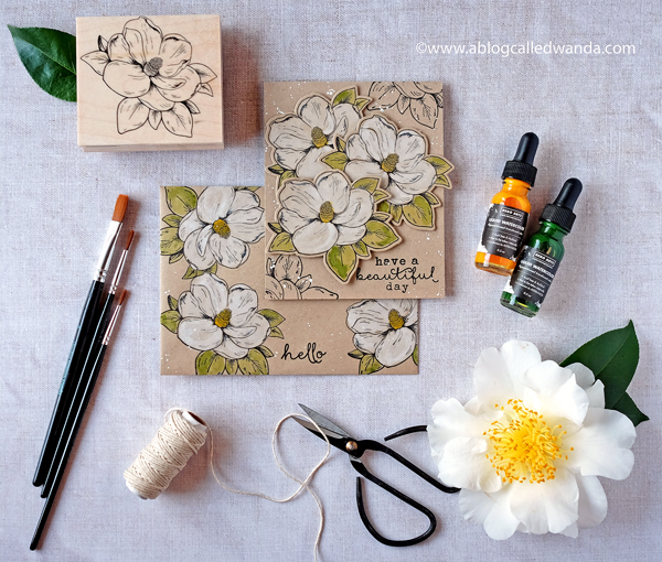 Hero Arts Flowering Magnolia stamp. Liquid watercolors on kraft paper. Project by Wanda Guess