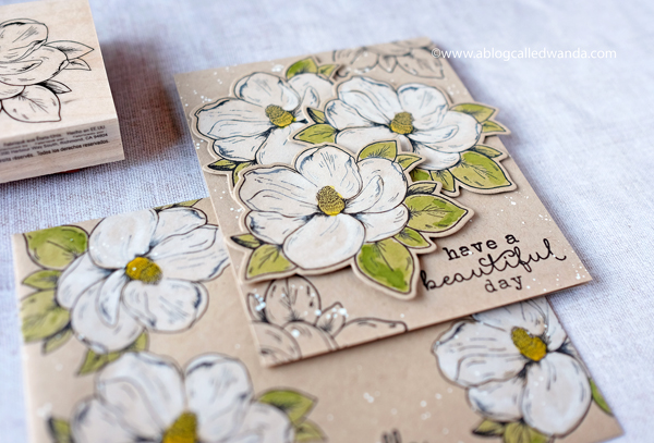 Hero Arts Flowering Magnolia stamp. Liquid watercolors on kraft paper. Project by Wanda Guess