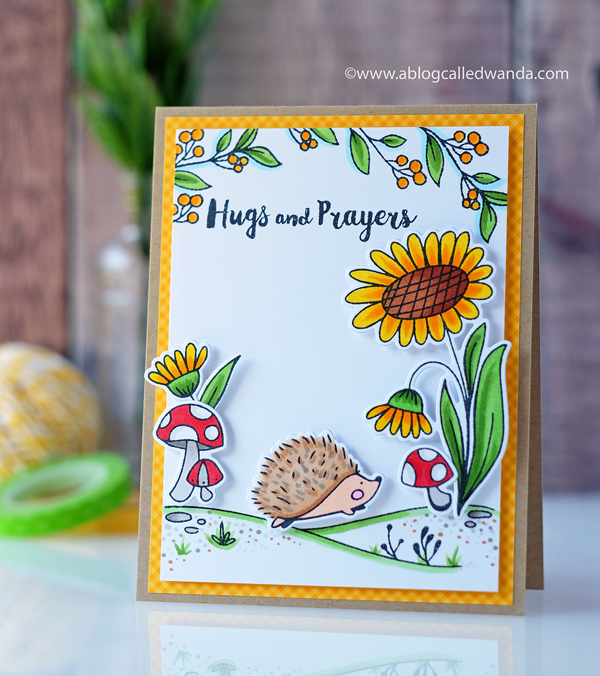 Waffle Flower Autumn Time stamp set. Hedgehog and flowers. Copic coloring. Card by Wanda Guess