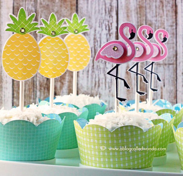 pina colada cupcakes. Stamped toppers with Reverse Confetti stamps. Flamingos and Pineapples. Made by Wanda Guess