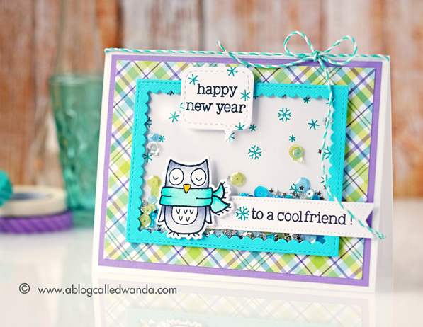 Lawn Fawn Winter Owl shaker card for new years! PPP sequins. Blog Hop. Card by Wanda Guess Lawn Fawn Winter Owl shaker card for new years! PPP sequins. Blog Hop. Card by Wanda Guess