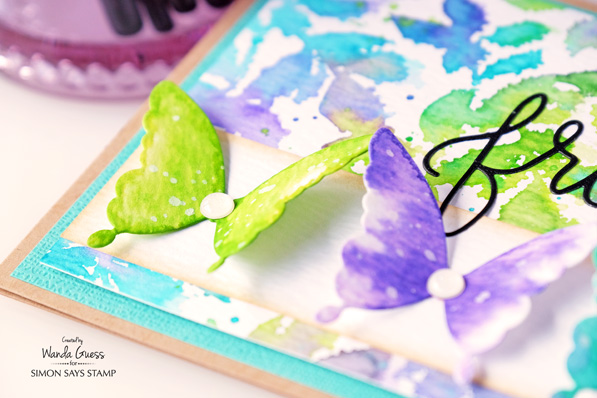 1 Simon Says Stamp Leaves and Butterfly. Watercolor with Distress Inks. Card by Wanda Guess