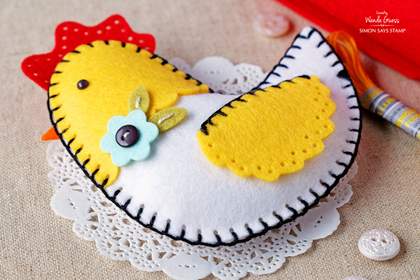 1 SIMON SAYS STAMP SPRING PLUSH RELEASE FELT CHICKEN. PROJECT BY WANDA GUESS
