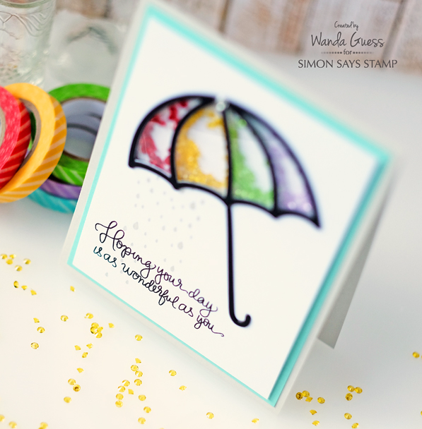 Umbrella Shaker Card. Wanda Guess for Simon Says Stamp! Rainbow gems and handwritten greetings