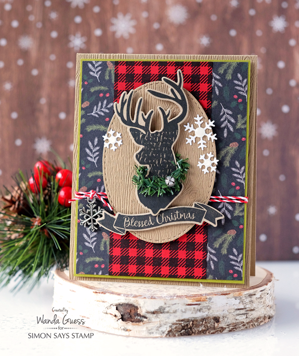 Simon Says Stamp Magical Christmas stamps and dies. Holiday Release 2016 Believe in the Season. Card by Wanda Guess. Deer head, antlers, plaid, buffalo check, retro, vintage Christmas