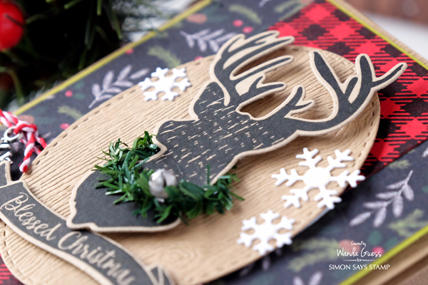 Simon Says Stamp Magical Christmas stamps and dies. Holiday Release 2016 Believe in the Season. Card by Wanda Guess. Deer head, antlers, plaid, buffalo check, retro, vintage Christmas