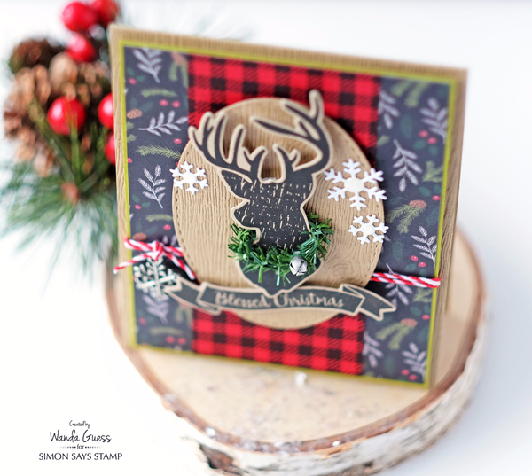 Simon Says Stamp Magical Christmas stamps and dies. Holiday Release 2016 Believe in the Season. Card by Wanda Guess. Deer head, antlers, plaid, buffalo check, retro, vintage Christmas