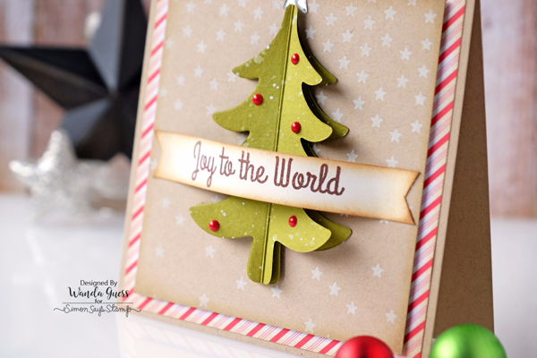 SIMON SAYS STAMP FOLD OVER TREE DIE. CHRISTMAS CARD BY WANDA GUESS. JOY TO THE WORLD. FALLING STARS BACKGROUND STAMP