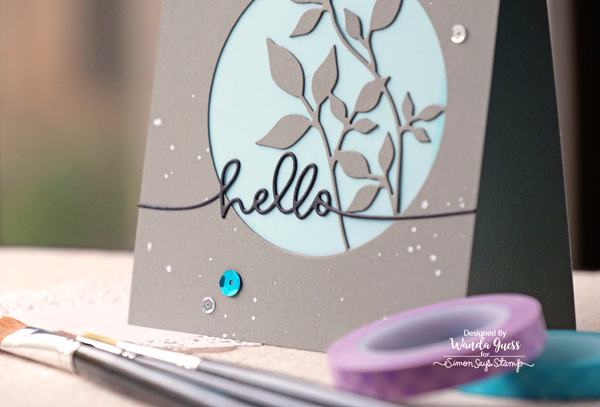 SIMON SAYS STAMP CIRCLE LEAVES DIE. DIECEMBER 2016. CARD BY WANDA GUESS. HANDLETTERED GREETINGS DIES. SEQUINS AND VELLUM