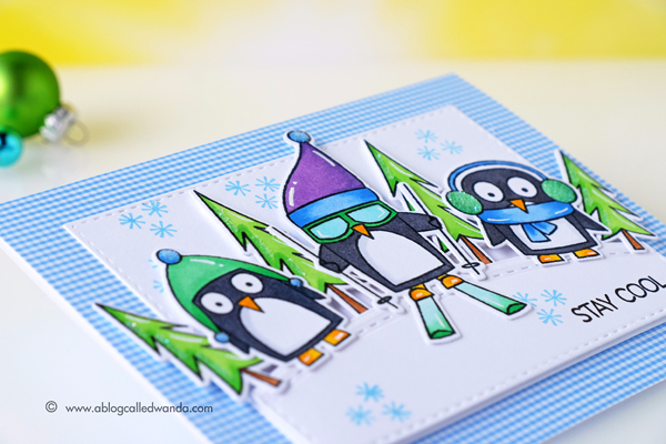 MFT Chill Wishes stamp set. My Favorite Things. Copic Coloring. Penguins. Card by Wanda Guess