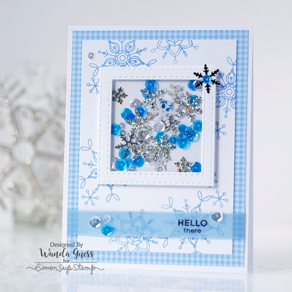 Simon Says Stamp January 2017 Card Kit. Frozen Fractals Stamp Set. Snowflakes. Shaker card by Wanda Guess