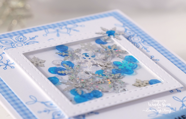 Simon Says Stamp January 2017 Card Kit. Frozen Fractals Stamp Set. Snowflakes. Shaker card by Wanda Guess