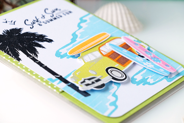 Papertrey Ink On The Wagon stamp set. July 2017 new release. Retro Summer card. Surfing wagon. Card by Wanda Guess. PTI Design Team