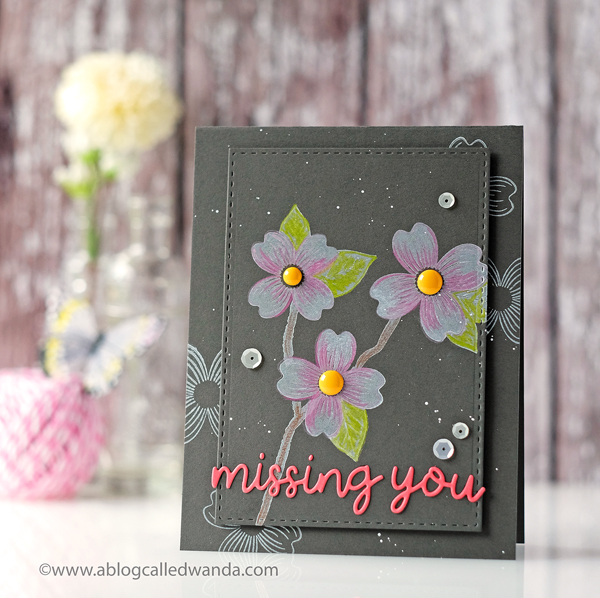Papertrey Ink Warm Regards Stamp Set. Colored pencils on dark cardstock with white ink.PTI design team Wanda Guess