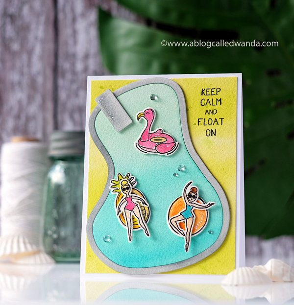Avery Elle Splash stamps and dies. Pool party card. Liquid watercolors. Wanda Guess Avery Elle Splash stamps and dies. Pool party card. Liquid watercolors. Wanda Guess