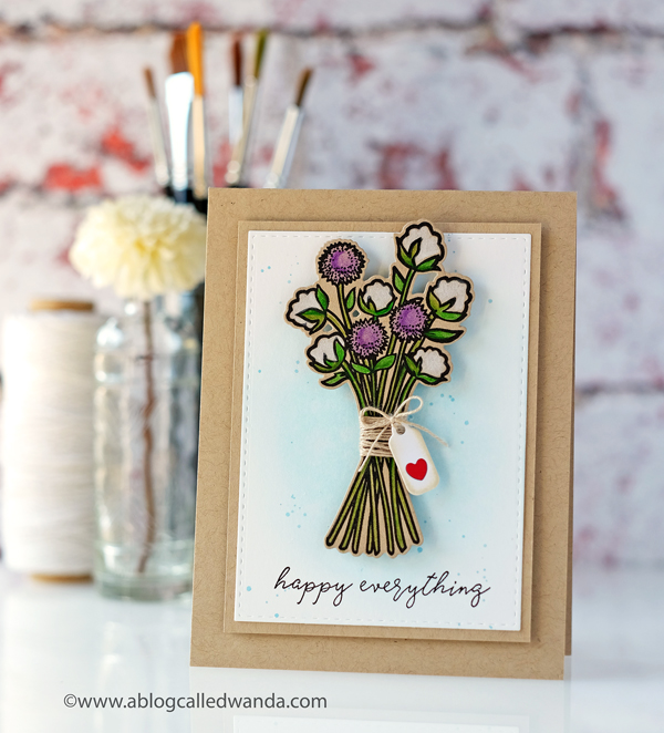 Reverse Confetti Cotton and Thistle stamp set. Colored pencils on kraft. Cheerful handmade card. CAS design