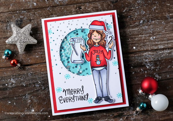 Ellen Hutson Leading Ladies. Holiday Shopper Lady. Copic Markers Christmas card. Shaker Card.