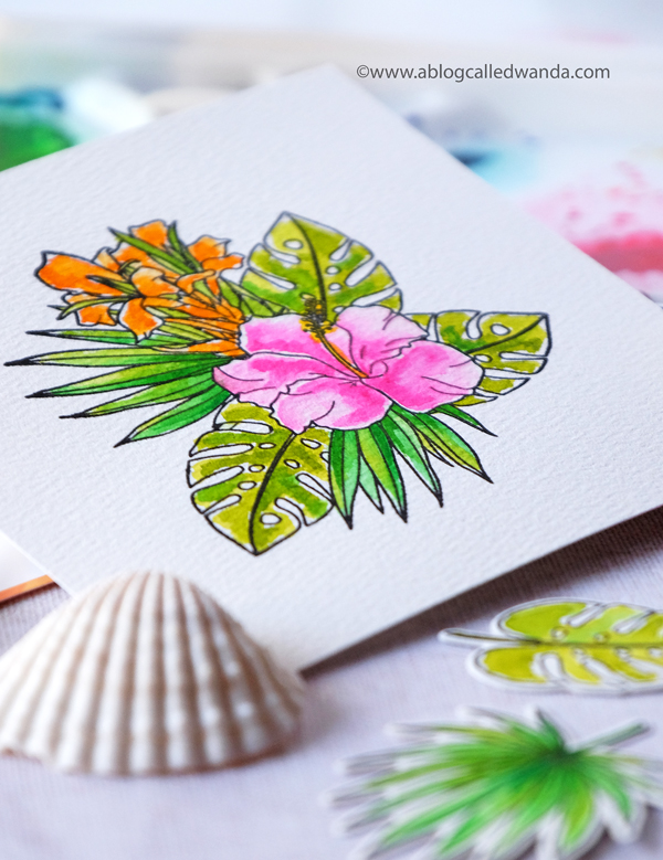 Tropical birthday card with watercolors. WPlus9 stamps and dies. Hibiscus and leaves