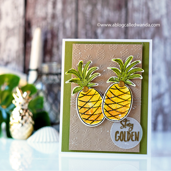 Ellen Hutson Stay Golden Pineapples stamp set. Card with Distress Ink water colors. Wanda Guess