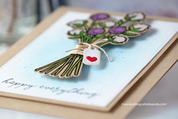 Reverse Confetti Cotton and Thistle stamp set. Colored pencils on kraft. Cheerful handmade card. CAS design