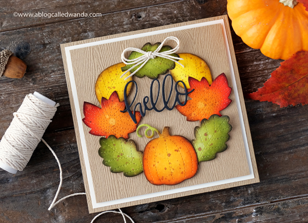 Pretty Pink Posh stitched leaves foliage dies. Distress Ink coloring. Fall Wreath Card