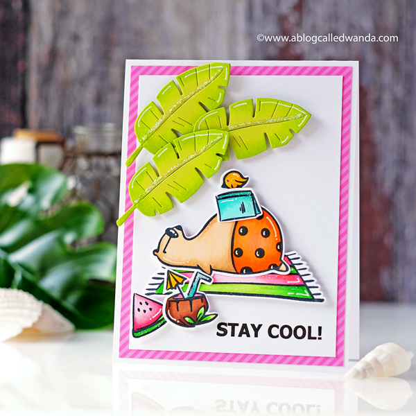 Waffle Flower Stay Cool stamps and Dies. Greenery Dies. Copic Markers beach theme card. Wanda Guess